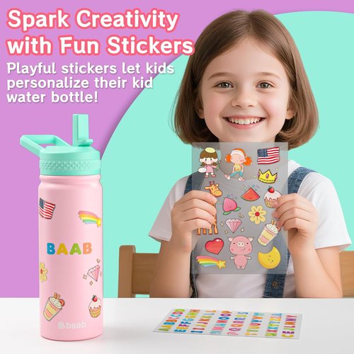 Baab 18oz Insulated Kids Water Bottle - Leakproof Stainless Steel with Straw & Stickers | Pink