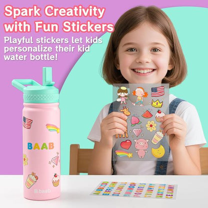 Baab Insulated Kids Water Bottle - 18oz Stainless Steel Straw Cup with Stickers | Pink & Purple, 2 Pack