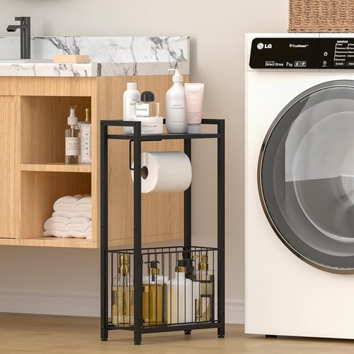 Freestanding Toilet Paper Holder - Stylish Bathroom Tissue Stand with Storage Shelf for Phone & Magazines
