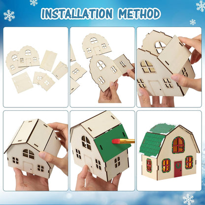 Wonderjune Christmas Village Set - 3 Piece DIY Wooden House Craft Kit for All Ages | 8 Inch Size