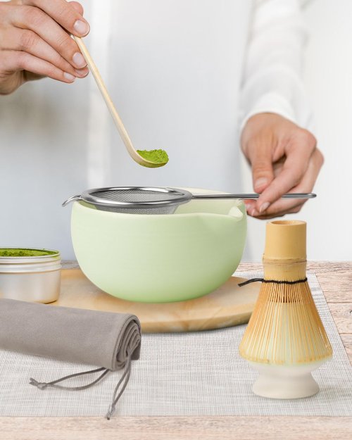 Joiish Matcha Kit Set, Ceramic Matcha Bowl with Spout & Holder, Bamboo Whisk, Sifter, Scoop, Traditional Japanese Matcha Tea Making Tools, Complete Gift Set 5-PC