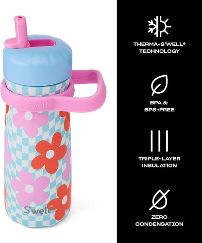 S'well Kids Traveler - 16oz Stainless Steel Bottle with Flip Straw Lid | Pink Petal, Insulated & BPA Free