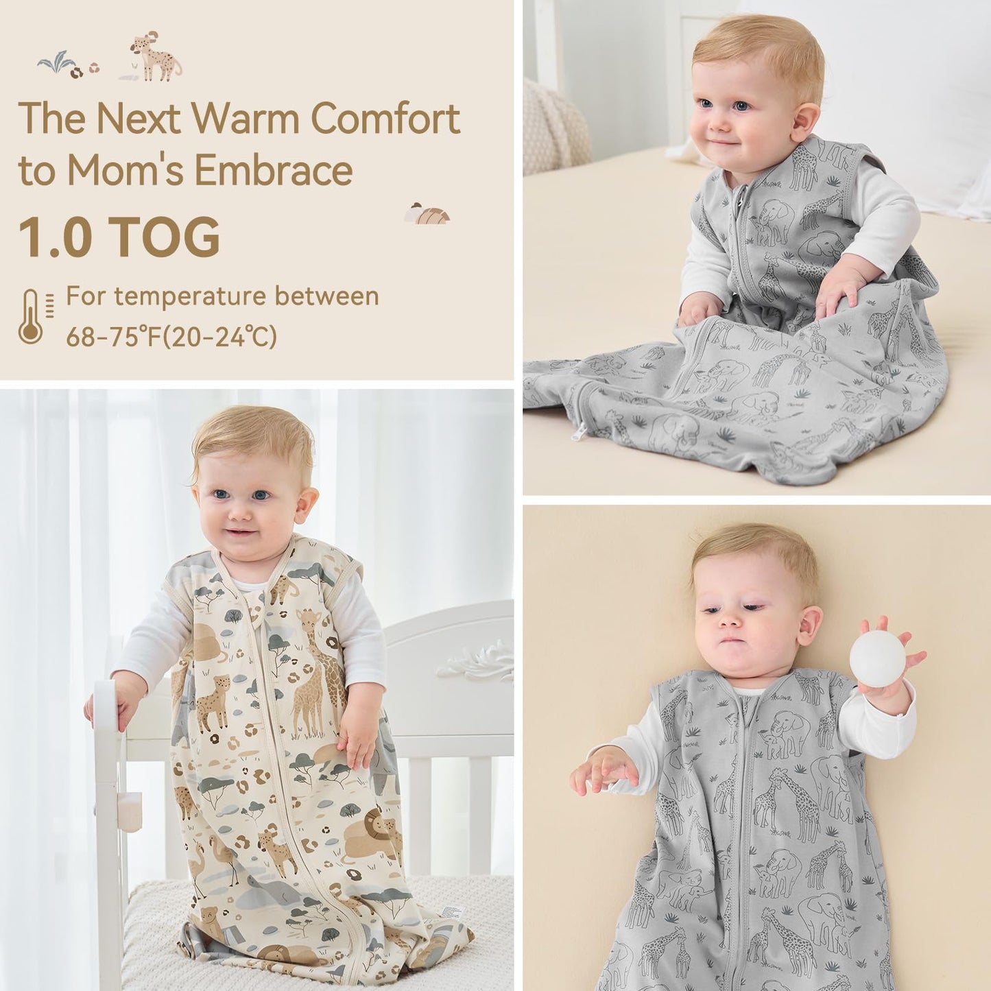 Unnivoll Baby Sleep Sack 6-12 Months 1.0 Tog Baby Wearable Blanket 100% Cotton Sleeping Sack with 2-Way Zipper for Infant Newborn Apricot & Gray Elephant