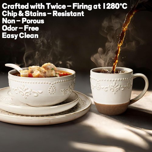 Artena Ceramic Coffee Mugs Set of 4 - 16oz Embossed Latte Cups | Dishwasher & Microwave Safe, White