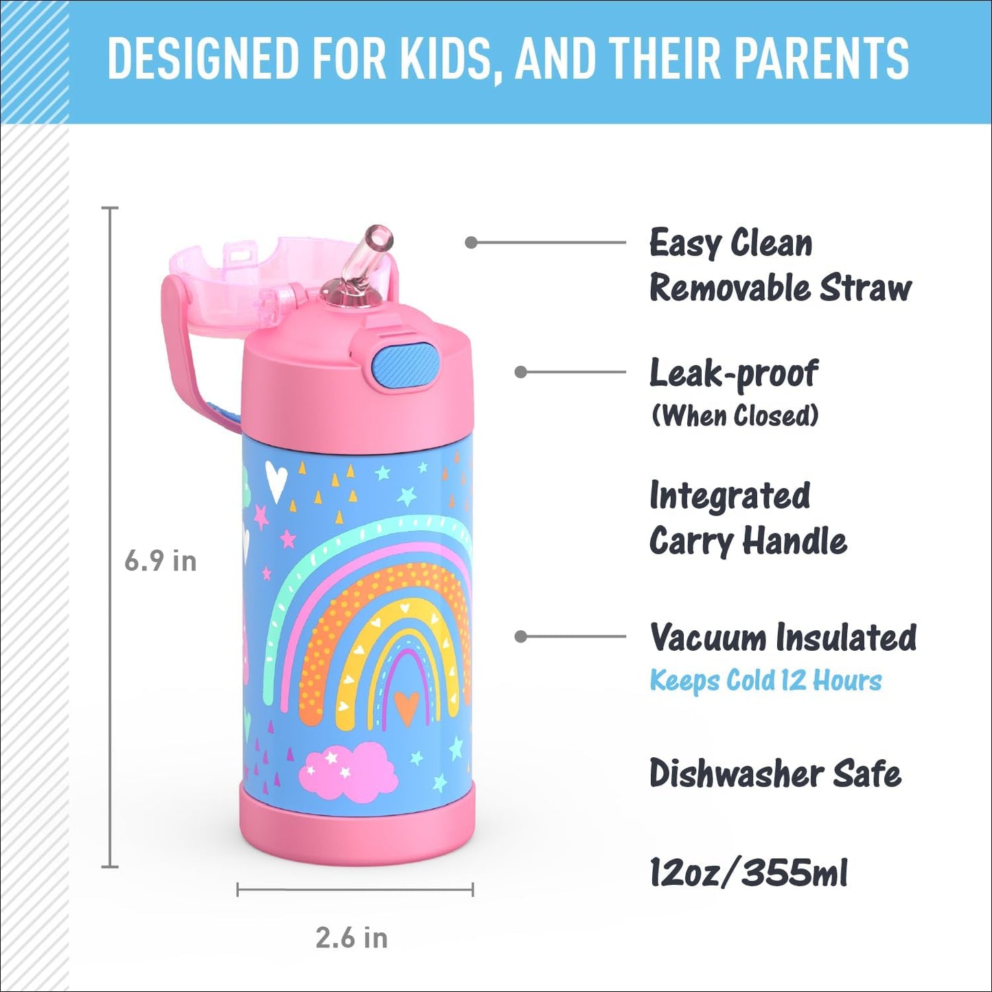 THERMOS FUNTAINER Water Bottle - 12 Ounce Kids Stainless Steel Insulated Bottle with Straw | Rainbow Dreams