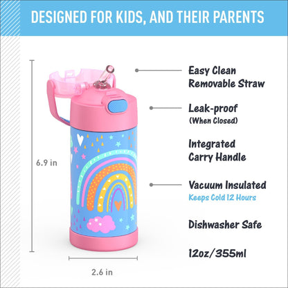 THERMOS FUNTAINER Water Bottle - 12 Ounce Kids Stainless Steel Insulated Bottle with Straw | Rainbow Dreams