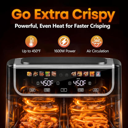 Simple Deluxe 9.5-Qt Dual Basket Air Fryer - 10-in-1 Digital Preset, 1700W, Nonstick, Black