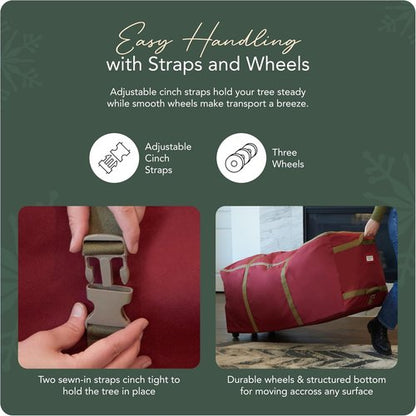 Covermates Keepsakes Christmas Tree Storage Bag - Heavy-Duty Rolling Design with Wheels & Reinforced Handles - Durable Red Polyester Solution