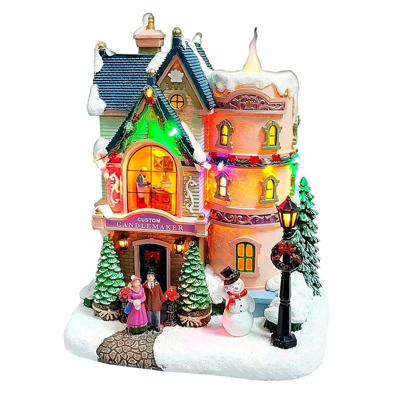 Vintage Candlemaker Christmas Village House with LED Lights & 8 Carols - Hand Painted Polyresin