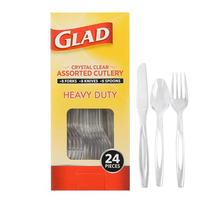 Glad Clear Disposable Cutlery Set with Heavy Duty Plastic Forks, Knives, and Spoons, Reusable Dishwasher Safe Plastic Utensils for Parties and Everyday Use, 24 Count