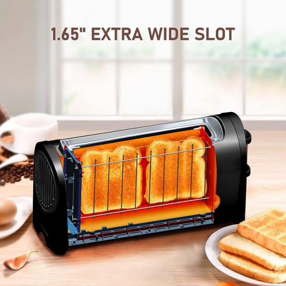 Regine Switzerland Long Slot Toaster - 2 Slice with 6 Browning Settings & Removable Crumb Tray | Black Stainless Steel