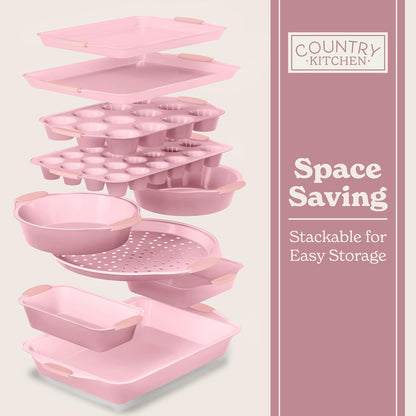 Country Kitchen Nonstick Bakeware Set - Heavy Duty, Durable & Easy Release, Pink | 10 Pieces
