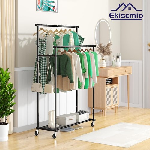 Ekisemio Heavy-Duty Double Rods Clothes Rack - 400 LBS Capacity, 45 Inch Rolling Design, Black