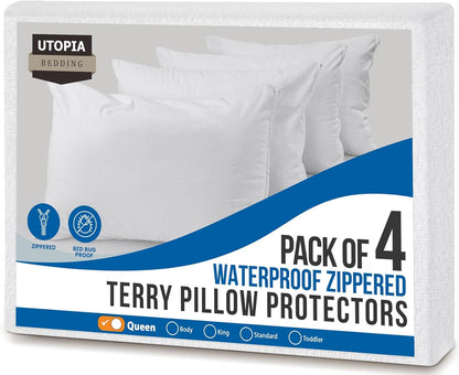 Utopia Bedding Waterproof Pillow Protectors - Set of 4 Queen Size Terry Covers | Bed Bug & Dust Mite Proof