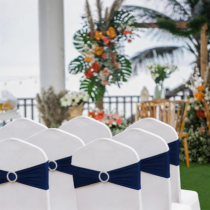 Skiennix 50 Pack Navy Blue Stretch Spandex Chair Sashes - Elastic Bows with Slider Buckles for Weddings & Events