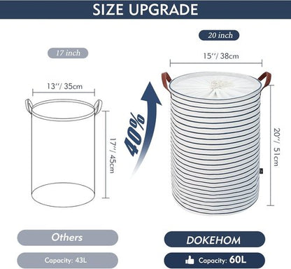 DOKEHOM 20-Inch Freestanding Laundry Basket - Collapsible Drawstring Hamper with Lid & Handle | Blue Stripe