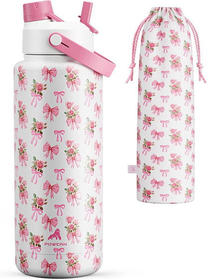 POWCAN 40 Oz Insulated Water Bottle - 2-in-1 Straw & Spout Lid | Keeps Drinks Cold 24H, BPA-Free (Rosy Bouquet)
