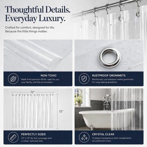 EHZNZIE White Heavy Duty Shower Curtain Liner 72x72, PEVA Waterproof Bath Curtain, No Chemical Smell, 3 Weighted Magnets, Durable with Rustproof Metal Grommets