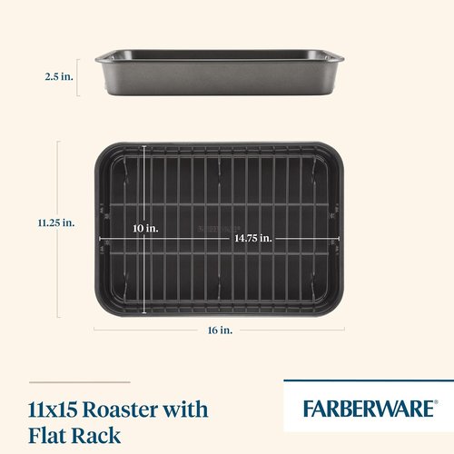 Farberware Nonstick Steel Roaster - 11-Inch x 15-Inch with Flat Rack | Durable Gray Bakeware