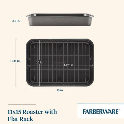 Farberware Nonstick Steel Roaster - 11-Inch x 15-Inch with Flat Rack | Durable Gray Bakeware
