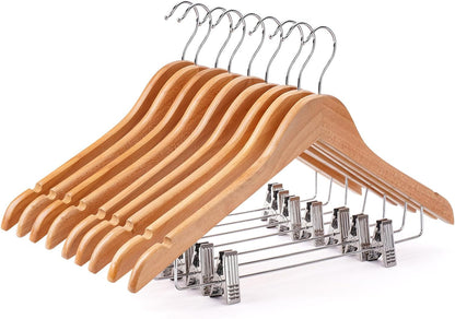 Skiennix Wooden Hangers with Clips - 12 PCS Solid Wood Pants Hangers with 360° Swivel Hooks & Adjustable Clips