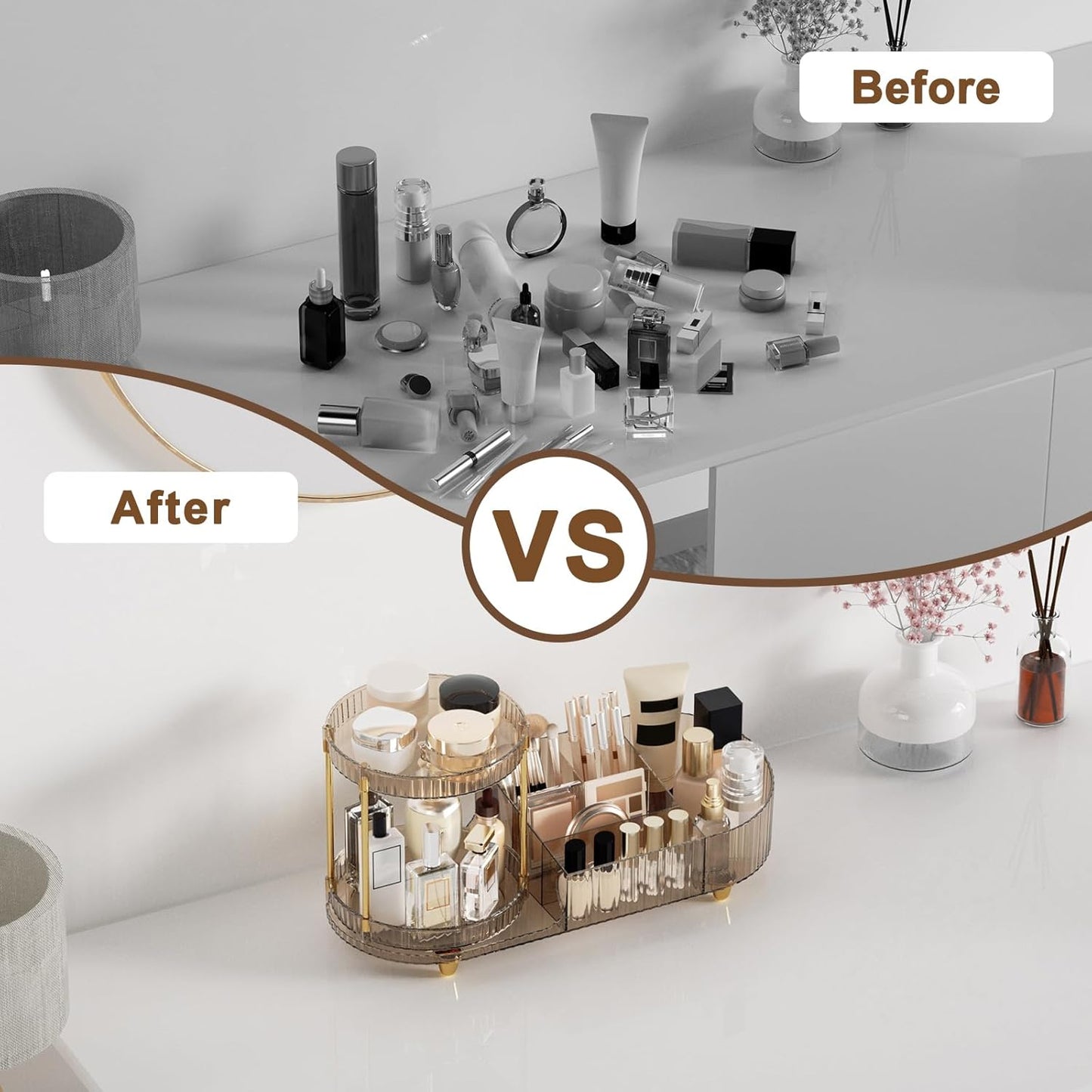 Skiennix Makeup Organizer - 360° Rotating Perfume Trays & 7-Divider Vanity Storage | Ideal for Bedroom & Bathroom