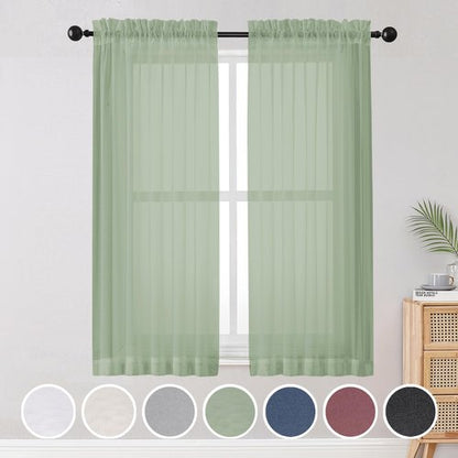 OWENIE Sheer Curtains Living Room 54 inches Long, Rod Pocket Curtain Sheers Bedroom, Light Filtering Voile Panels Drapes Basement Small Window Treatments 2 Panels, 42" W x 54" L, Sage Green