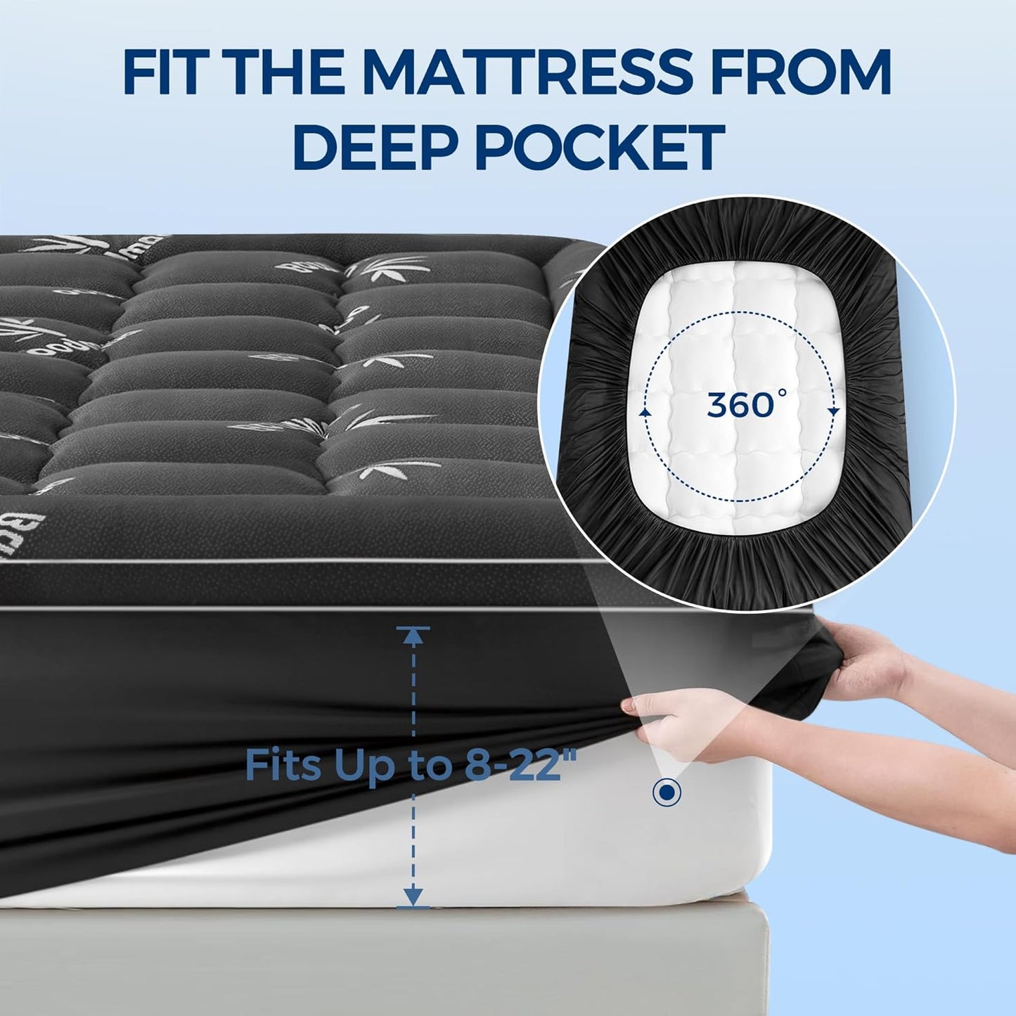 Skiennix Cooling Mattress Topper - Extra Thick Bamboo Viscose Pad | Queen Size, Dark Gray, 1000 GSM Fill
