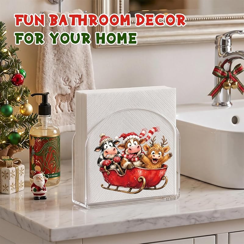 Christmas Napkin Holder - Acrylic U-Frame, Anti-Slip, 2.3x5x5 in, Sleigh Highland Cow Variation