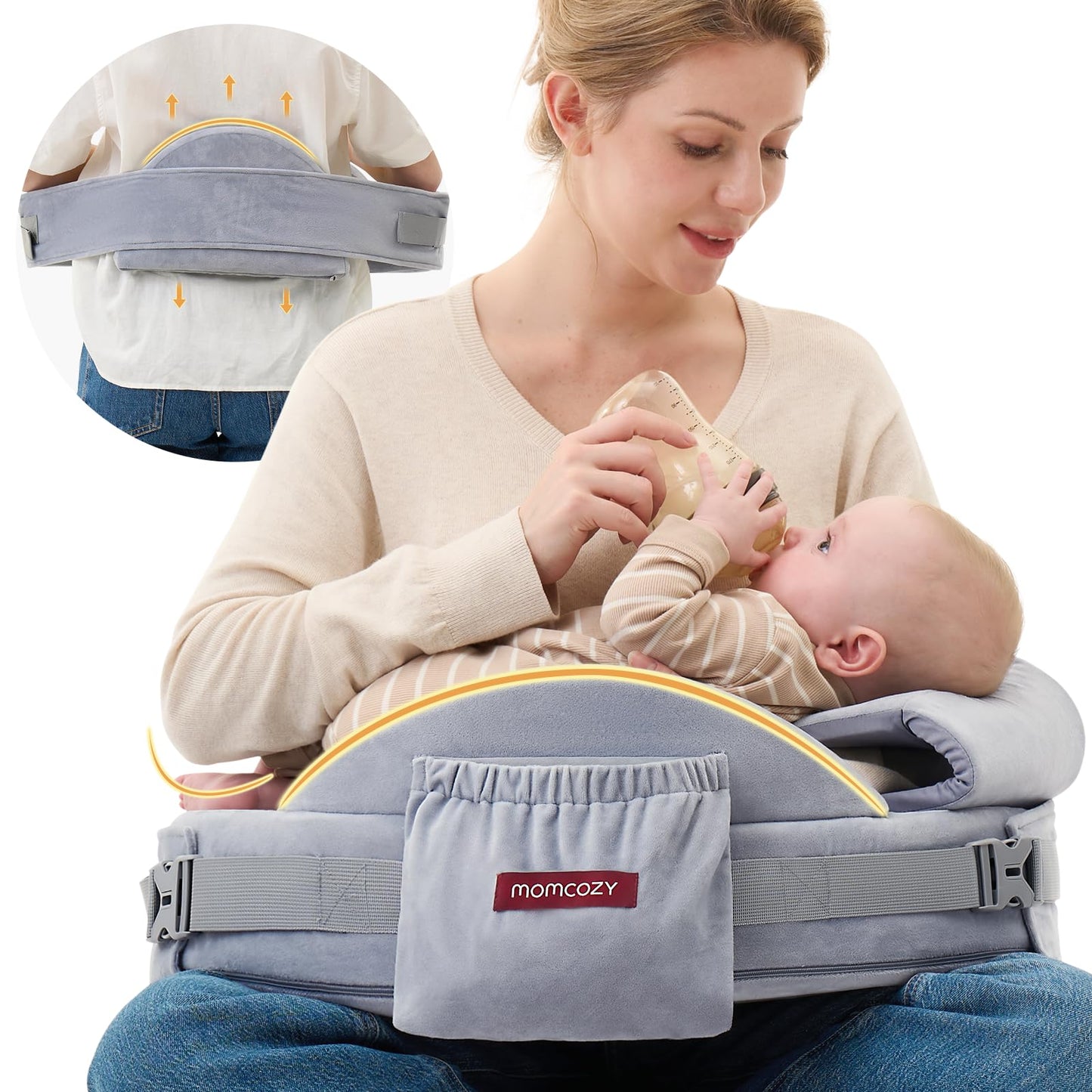 Momcozy CozyPro Nursing Pillow - All Around Lumbar & Arm Support - Safety Guard, Firm & Springy Memory Foam-Stable, Ergonomic Support, Easier Breastfeeding, Wider Cushion, Adjustable, Removable Cover