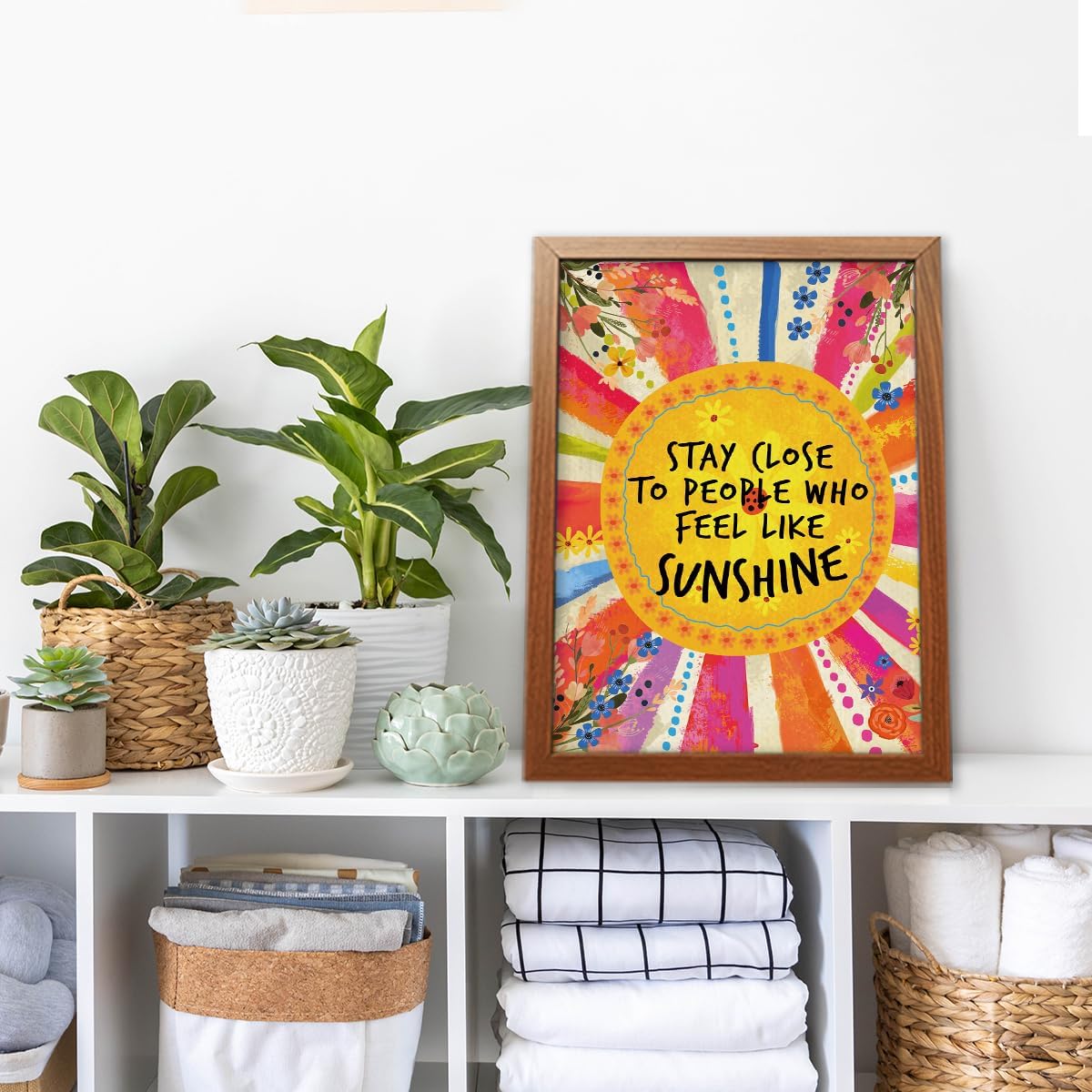 YEOION Inspirational Quote Wall Art - Stay Close to People Who Feel Like Sunshine | Canvas Print with Metal Frame for Girls' Bedroom Decor