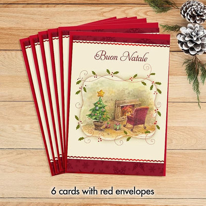 Italian Christmas Greeting Cards Pack – 6, Buon Natale with Red Foil Embossing