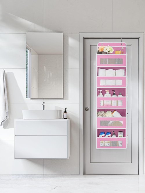 JARLINK Over The Door Organizer - 5 Shelf Hanging Storage with 5 Large Pockets | Anti-Tilt Design, Pink