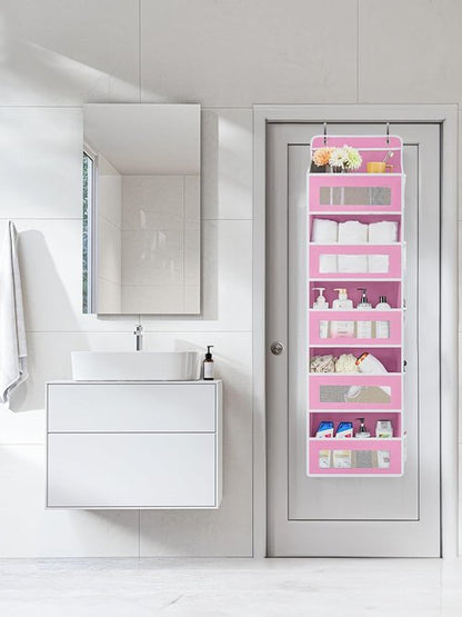 JARLINK Over The Door Organizer - 5 Shelf Hanging Storage with 5 Large Pockets | Anti-Tilt Design, Pink