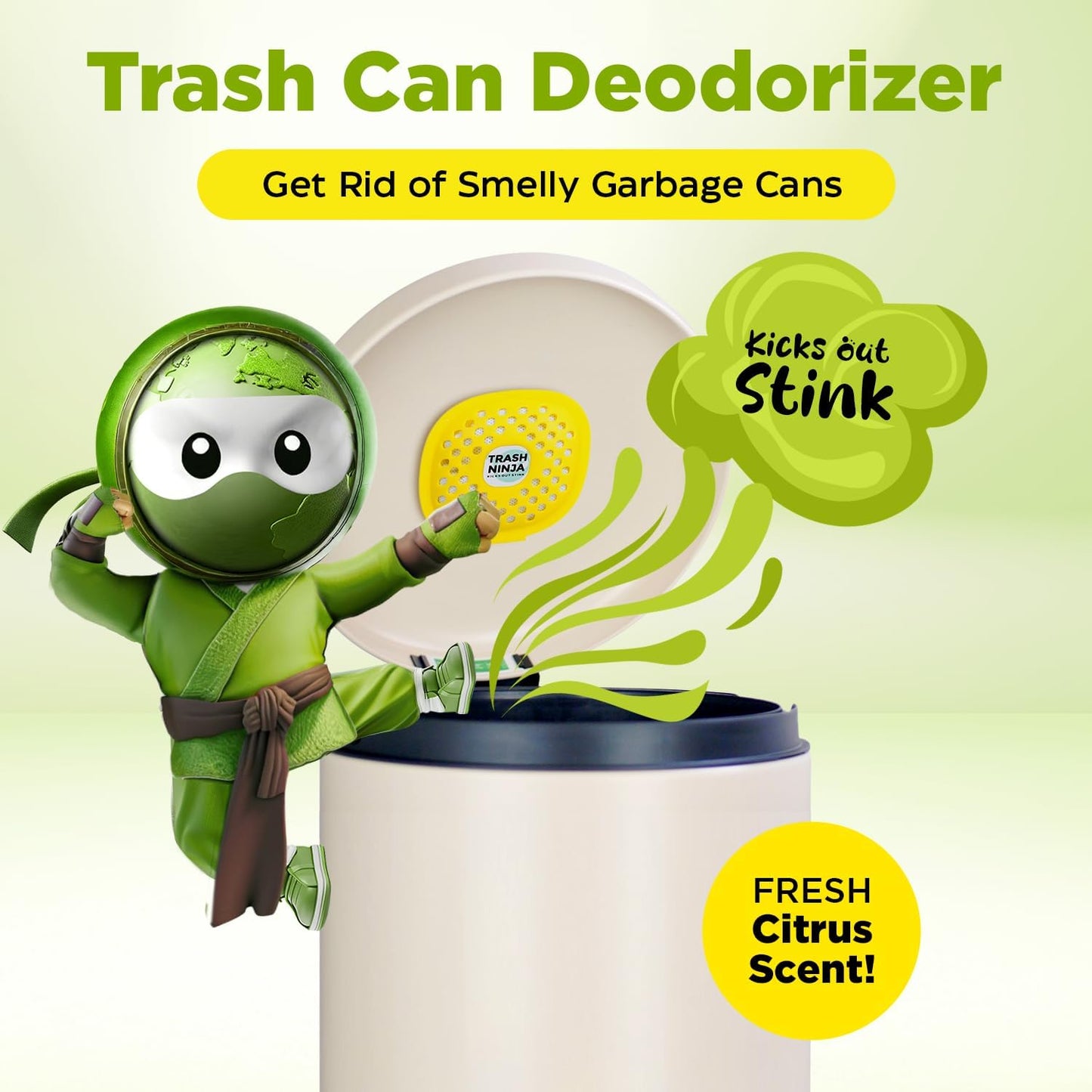 Trash Ninja Odor Eliminator - Long-Lasting Citrus Scent Deodorizer with Activated Charcoal | Freshens Garbage Cans, Fridges, Bathrooms, Kitchens & Diaper Pails