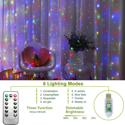 Skiennix 300 LED Curtain String Lights - 8 Light Modes | 9.8x9.8Ft Remote USB Plug Fairy Lights for Indoor & Outdoor Decor
