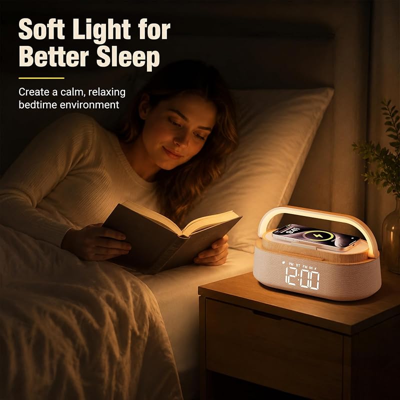 Wood Variation 6-in-1 Alarm Clock with Bluetooth Speaker, Wireless Charger, FM Radio, Night Light