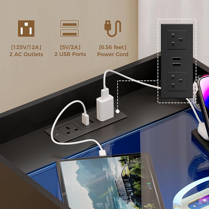 Night Stand with Charging Station and LED Lights - 2 Drawers, Glass Top