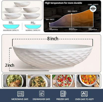 Artena Ceramic Pasta Bowls Set of 4 - 32oz Large Serving Bowls for Soup, Salad & Noodles | 8-Inch, Microwave & Dishwasher Safe