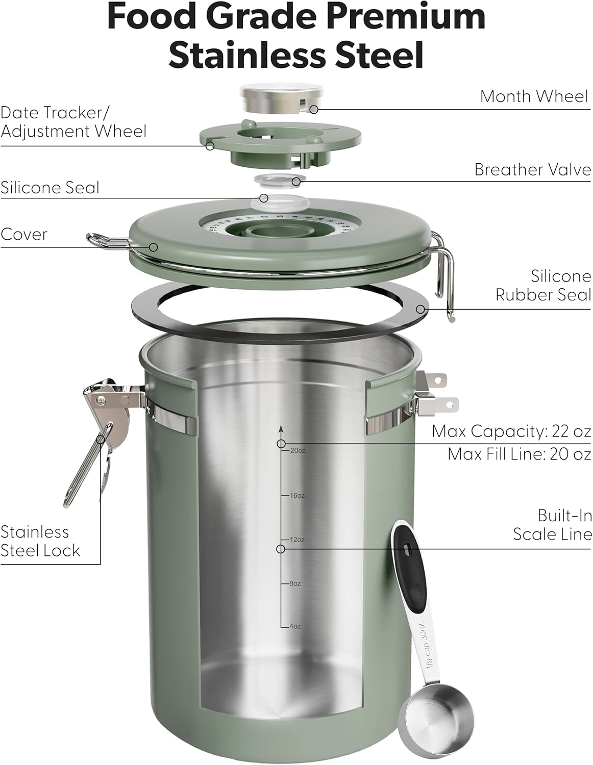 Veken Coffee Canister - Airtight Stainless Steel Container with Window | 22oz Green for Grounds, Beans, Tea, and More