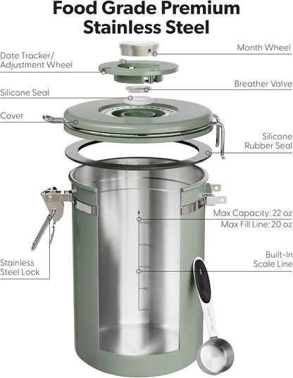 Veken Coffee Canister - Airtight Stainless Steel Container with Window | 22oz Green for Grounds, Beans, Tea, and More