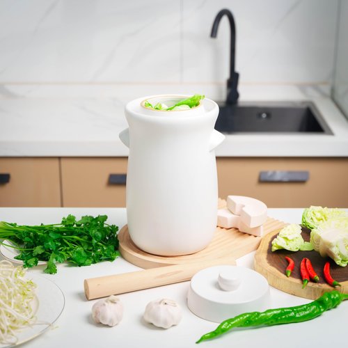 Fermentation Crock 3.8Liter/1 Gallon Stoneware Pot for Fermenting, Pickling Kimchi, Pickles, Vegetables, Kombucha - Glazed Fermenter with Stone Weights, Lid & Pickle Tamper-White Crock