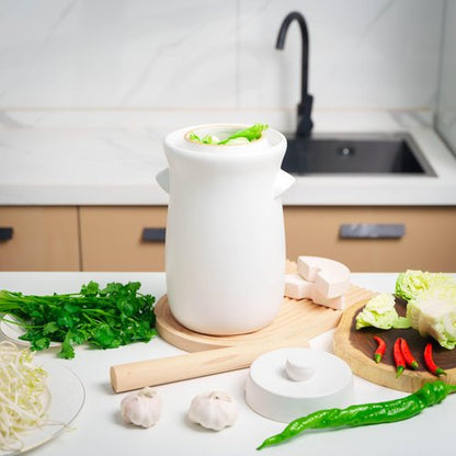Fermentation Crock 3.8Liter/1 Gallon Stoneware Pot for Fermenting, Pickling Kimchi, Pickles, Vegetables, Kombucha - Glazed Fermenter with Stone Weights, Lid & Pickle Tamper-White Crock