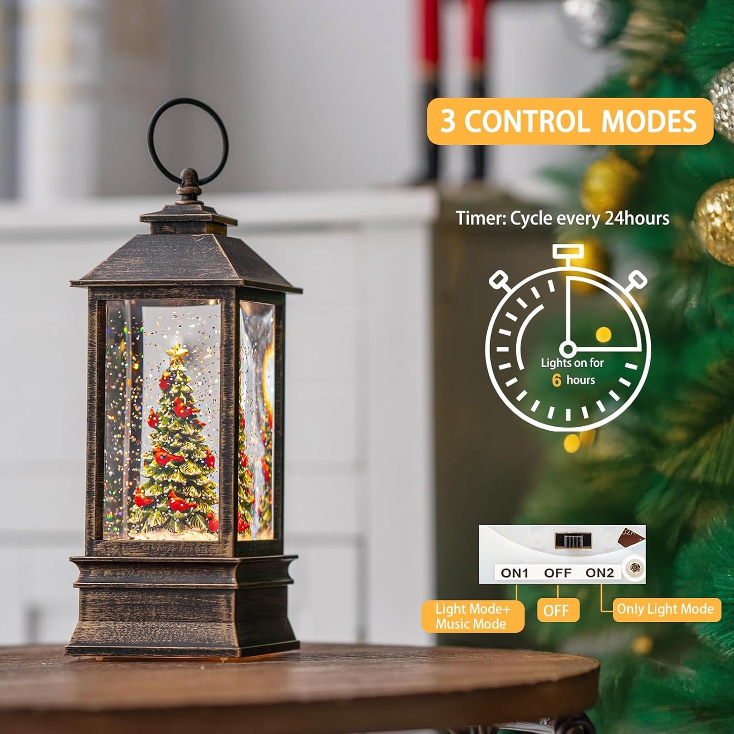 VISFLAIR 10'' Lighted Christmas Tree | Cardinal Music Snow Globe Water Lantern with Glitter