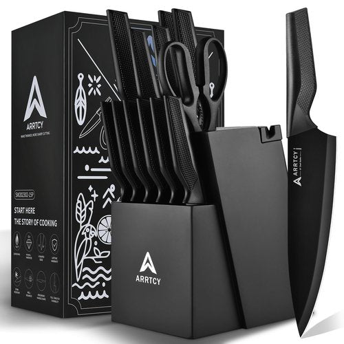 Arrtcy Knife Set - Kitchen Knife Set with Built-in Sharpener - knife block set dishwasher safe 15 piece - Anti-slip Handle - German Stainless Steel - Black,with Gift Box