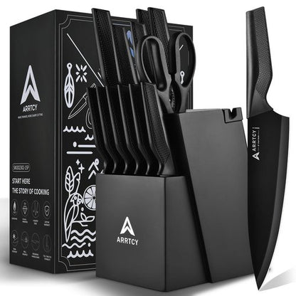 Arrtcy Knife Set - Kitchen Knife Set with Built-in Sharpener - knife block set dishwasher safe 15 piece - Anti-slip Handle - German Stainless Steel - Black,with Gift Box