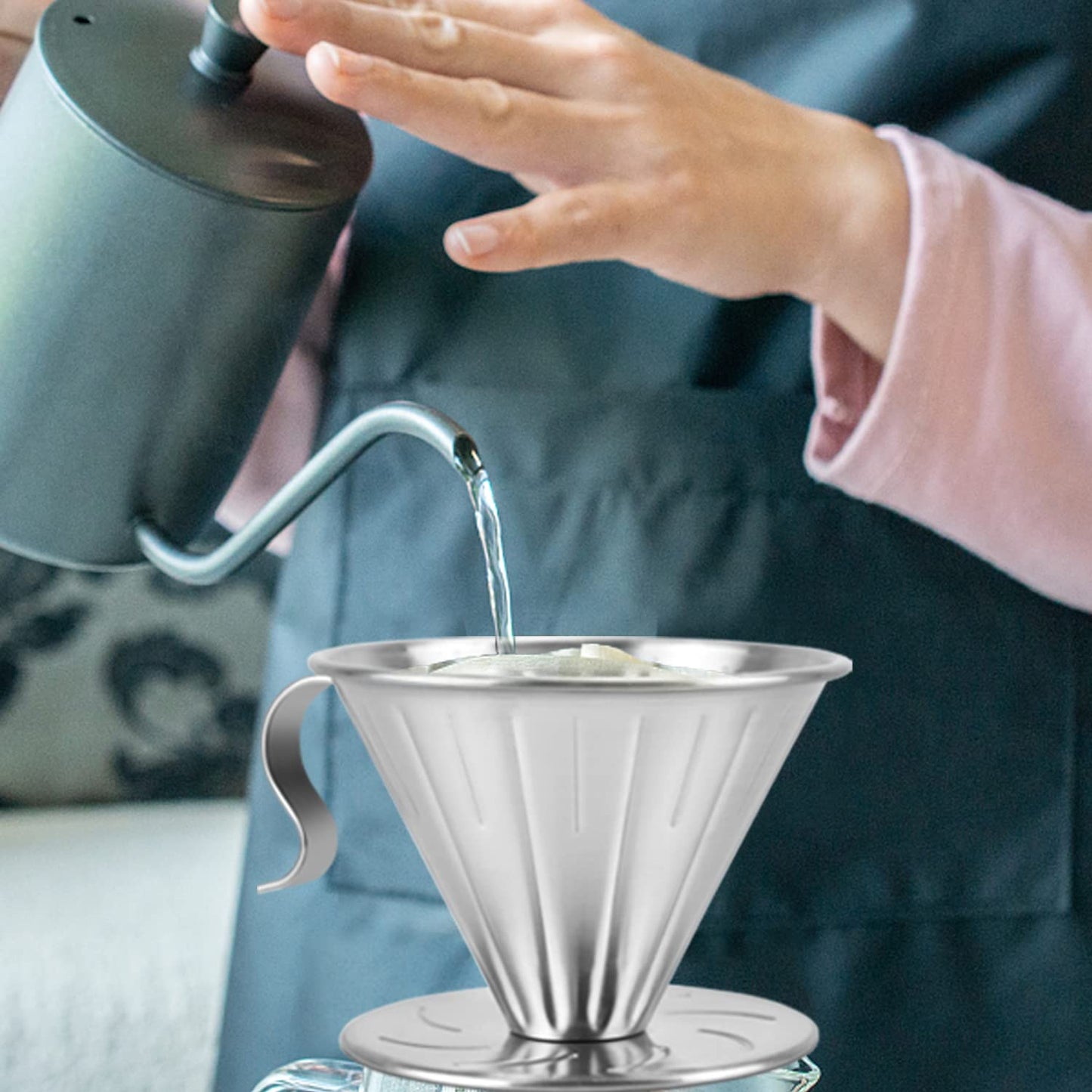 MERMOO YILAN Pour Over Coffee Dripper Stainless Steel Metal Reusable Cone Coffee Filter Slow Brewing Accessories for Home Cafe Restaurants(L)