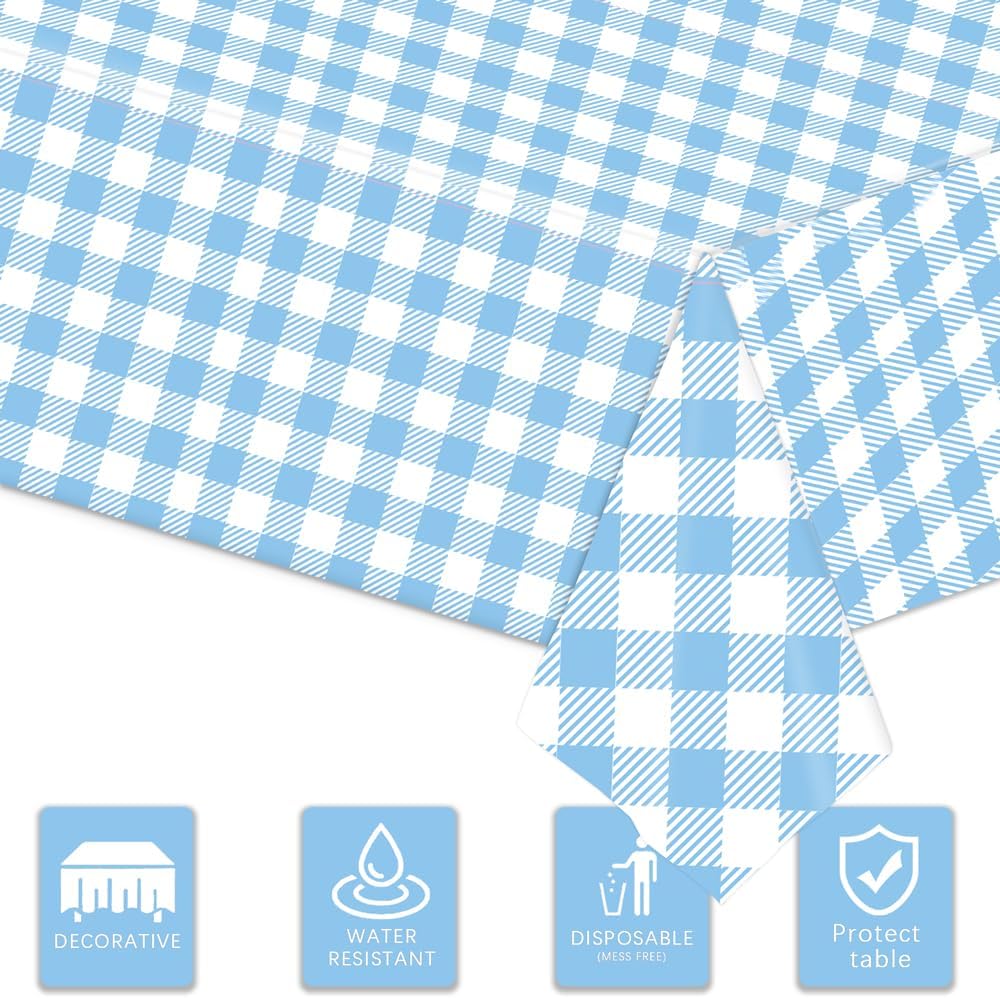 Skiennix Light Blue Checkered Tablecloth - 54" x 108" Waterproof Disposable Cover for Parties & Picnics