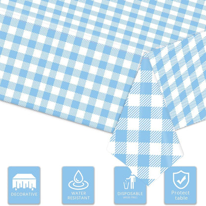 Skiennix Light Blue Checkered Tablecloth - 54" x 108" Waterproof Disposable Cover for Parties & Picnics