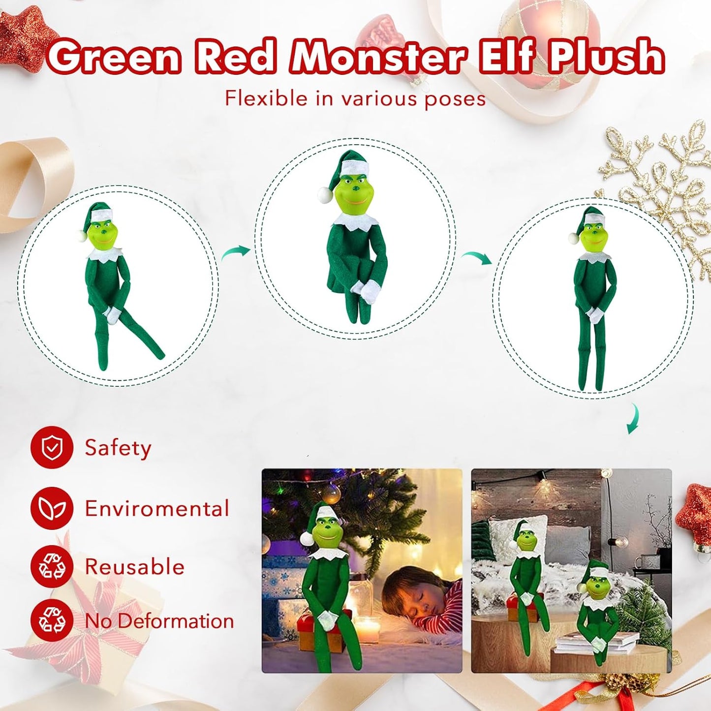 Skiennix Christmas Monster Plush Toy - Adorable Stuffed Doll for Kids & Holiday Decor | 12.6" Green